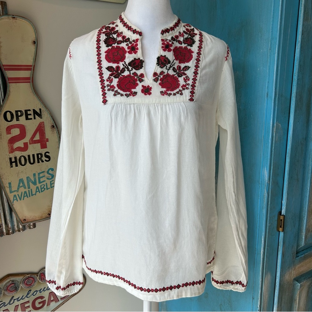 Lucky Brand Floral Embroidered Split Neck Cotton Blouse Farmhouse Rustic Boho